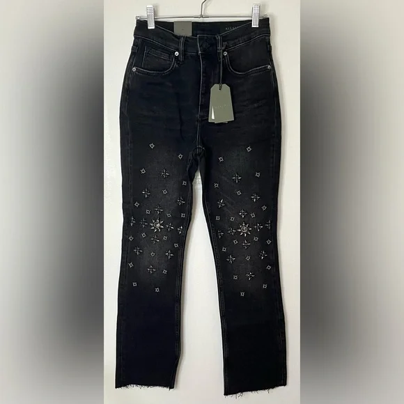AllSaints NWT High-Waisted Rhinestone Embellished Flared Washed Black Jeans